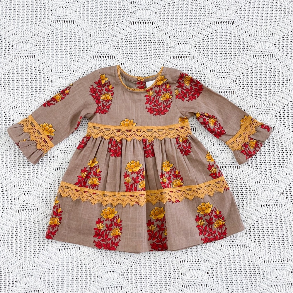 YoBaby Long Sleeve 100% Cotton Fall Color Floral Dress Size 6-9